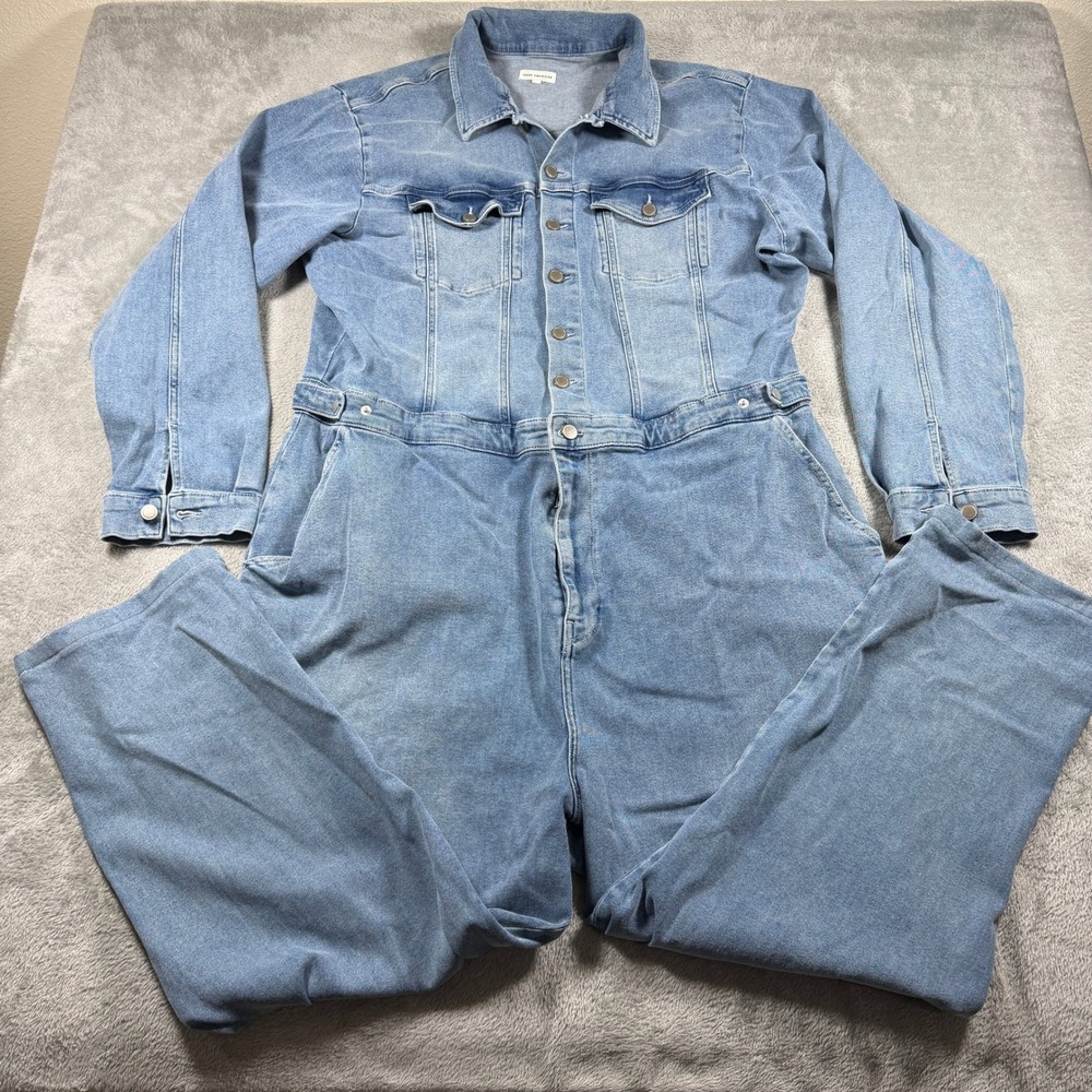 Good American Oversized Jumpsuit Women 8 Blue Denim Long Sleeve Button Up